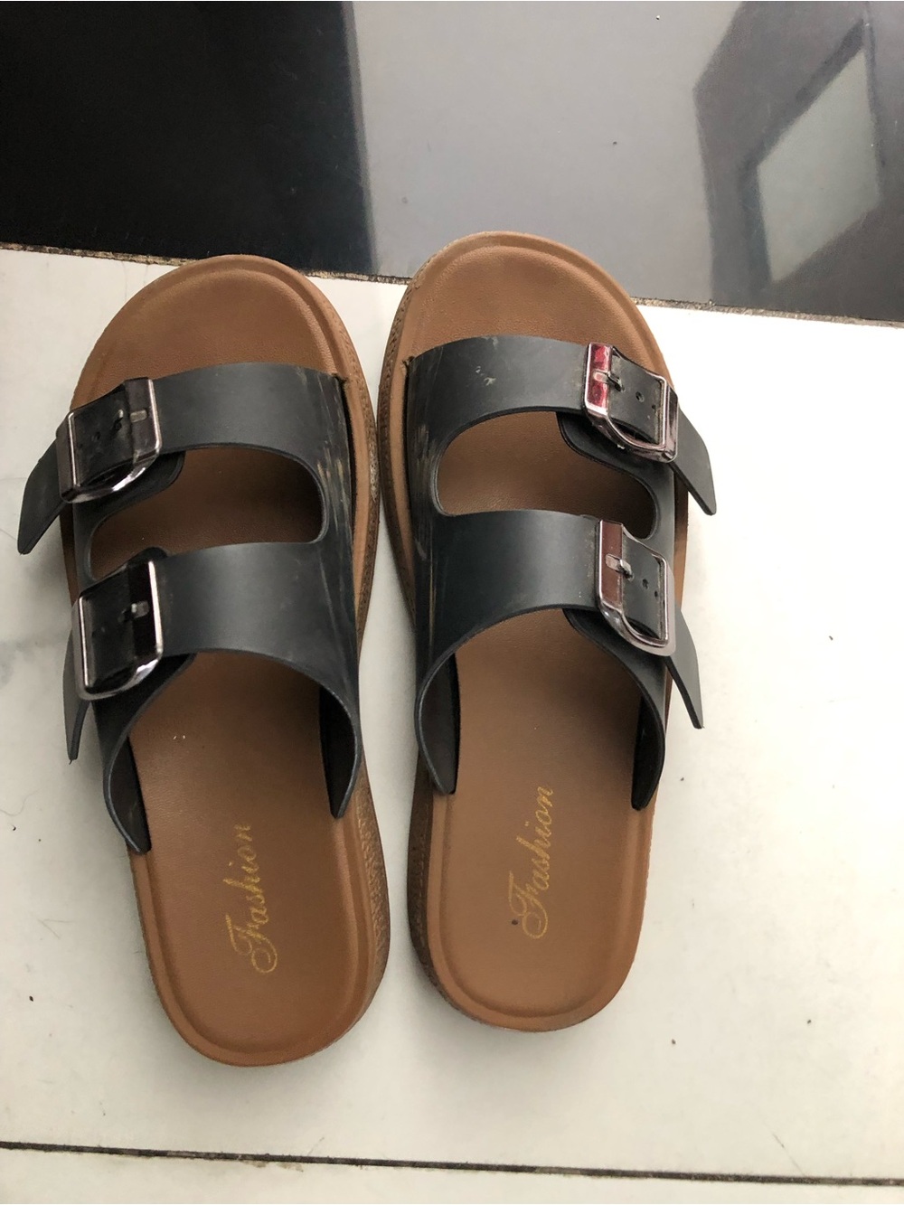 Fashion Nova Black Double-Buckle Slide Sandals with Brown Footbed